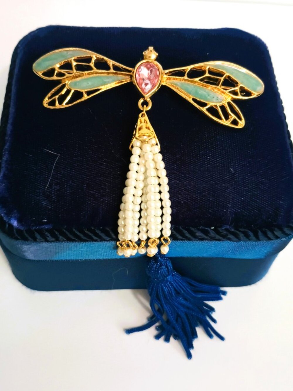 Vtg Enamel Dragonfly Brooch Gold Pink Teardrop Stone Faux Pearl Large Avon Pin